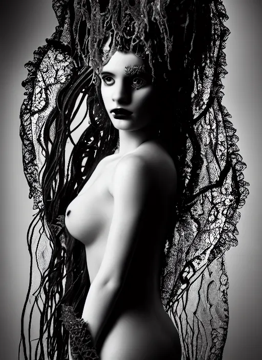 Image similar to surreal mythical dreamy dark artistic black and white fine art photo of a beautiful young female angel - medusa - mermaid - cyborg covered with translucent algae, highly detailed, lace web, rim light, cinematic, studio dramatic light, poetic, octane render, 8 k, photo - realistic, by horst p. horst