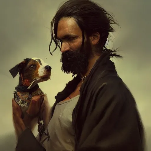 Image similar to a beautiful painting dramatic portrait of a young man with long hair tied in a bun and black beard holding a jack russell by greg rutkowski, featured on artstation