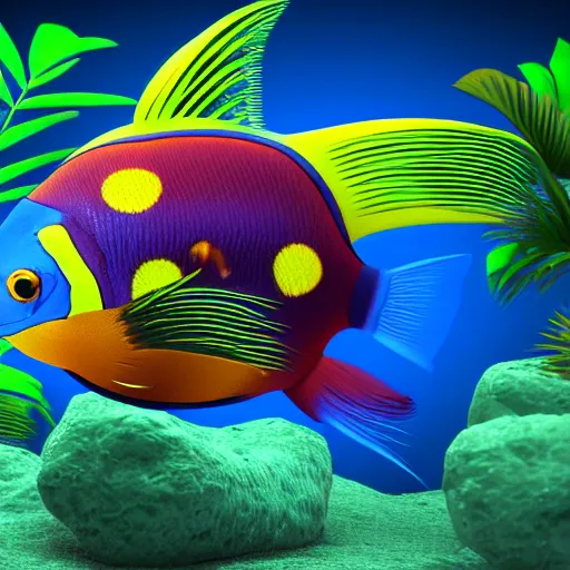 Image similar to 3D render of a cute tropical fish in an aquarium on a dark blue background, digital art