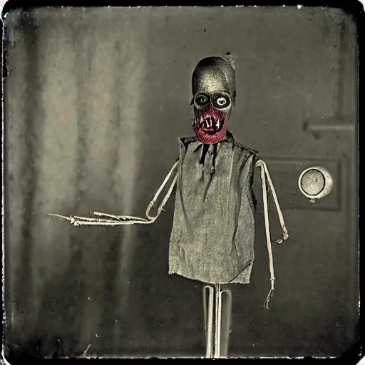 Image similar to alive, creepy marionette puppet, horrific, unnerving, clockwork horror, pediophobia, lost photograph,, dark, forgotten, final photo found before disaster, polaroid,