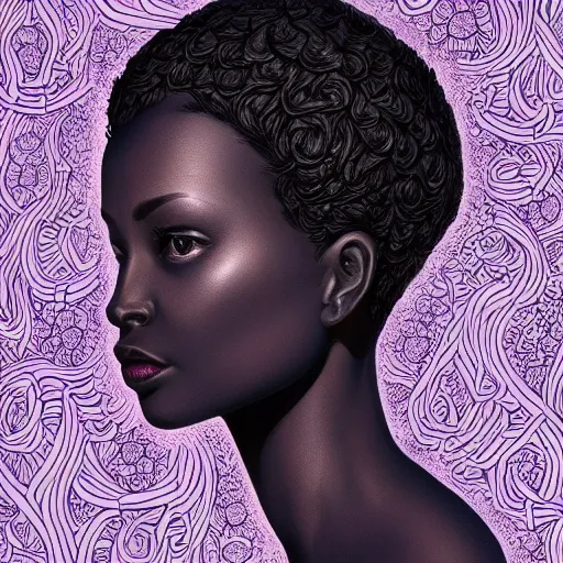 Image similar to the head of an unbelievably elegant and beautiful black woman partially made of potatoes roots and violets, an ultrafine detailed illustration by james jean, final fantasy, intricate linework, bright colors, behance contest winner, vanitas, angular, altermodern, unreal engine 5 highly rendered, global illumination, radiant light, detailed and intricate environment