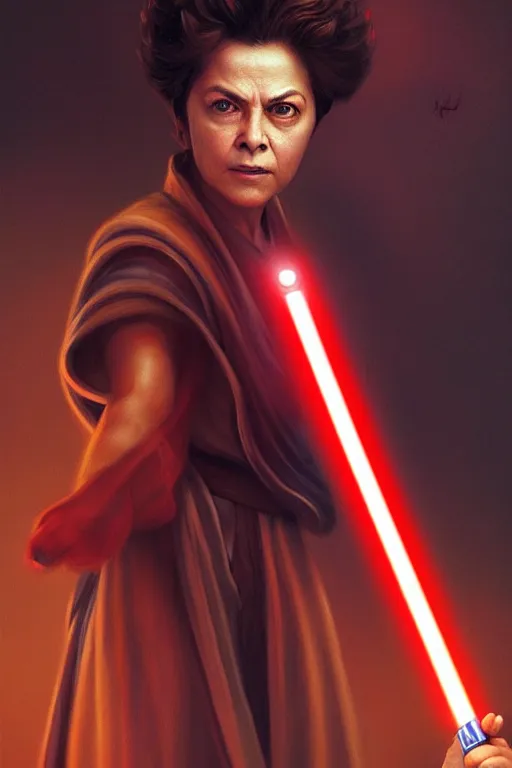 Image similar to breathtaking detailed concept art painting of a jedi dilma rousseff holding a lightsaber, by hsiao - ron cheng, exquisite detail, extremely moody lighting, 8 k