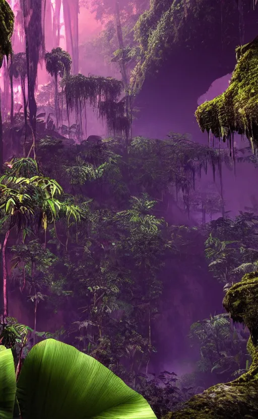 Prompt: a beautiful render of a dark prehistoric rainforest in a humongous cave, lush flora, patches of magenta sky,, sunset, floating mountains and a waterfall in the background, intricate detail, hazy, humid, volumetric lighting, 8 k, photorealistic, raytracing effects, unreal engine 5