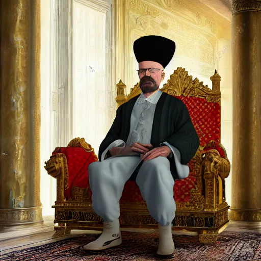 Prompt: Walter White, Ottoman Sultan, ottoman attire, sitting on a throne in a majestic palace , 1900, photorealistic, ultra-detailed, 4k high resolution, HDR shot