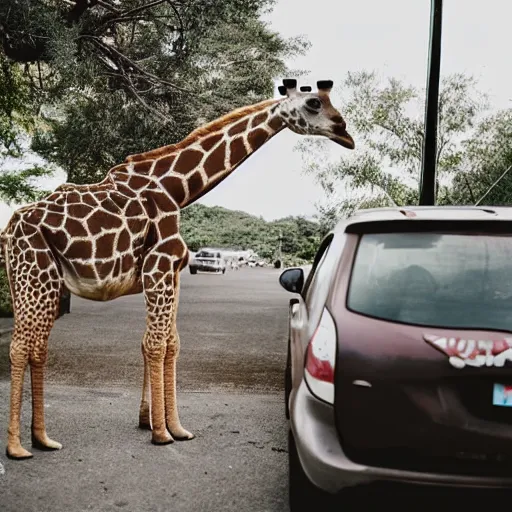 Image similar to a Giraffe-Pug Hybrid, A Giraffe that looks like a pug, huge tusks, afternoon hangout, good times photograph, candid