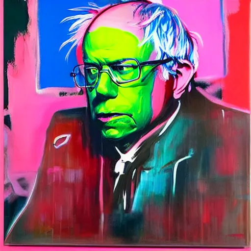 Image similar to bernie sanders like a dream, oil painting, cyberpunk, basquiat + francis bacon, elevated street art, fantasy lut, pink, blue, purple, green,