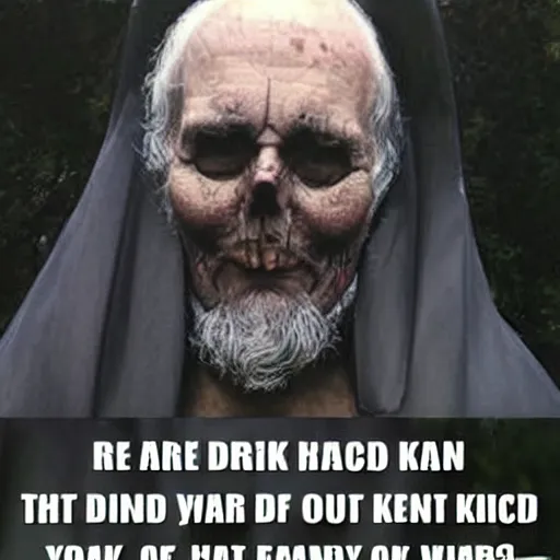 Image similar to dark, evil necromancer with the face of a kind gentle wise old man