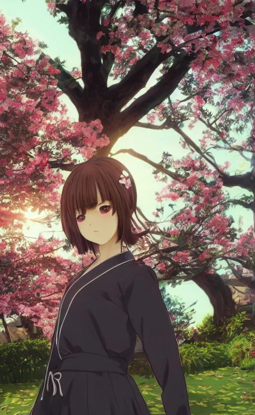 Image similar to anime style, gta 5, portrait of girl, yukata clothing, sakura tree in background, short hair, hair down, symmetrical facial features, from arknights, hyper realistic, extreme detail, 4 k drawing, safebooru, realistic lighting, by alphonse mucha, greg rutkowski, sharp focus, backlit