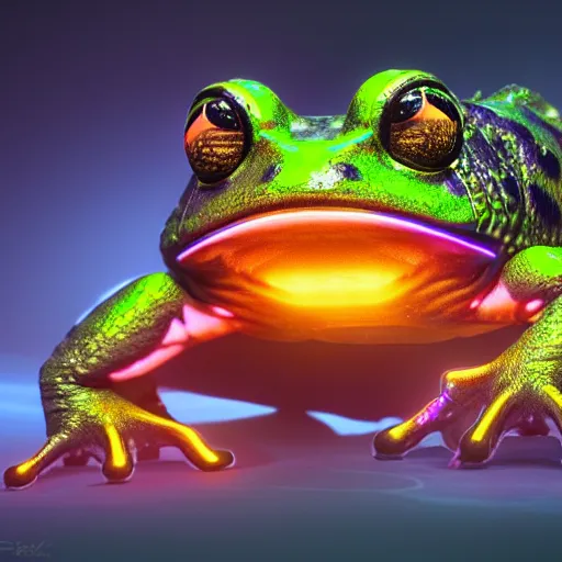 Prompt: illuminated cyber frog, vivid colors, high details, cinematic, 8k resolution, beautiful detailed, photorealistic, digital painting, artstation, concept art, smooth, sharp focus, illustration, fantasy background, artstation trending, octane render, unreal engine