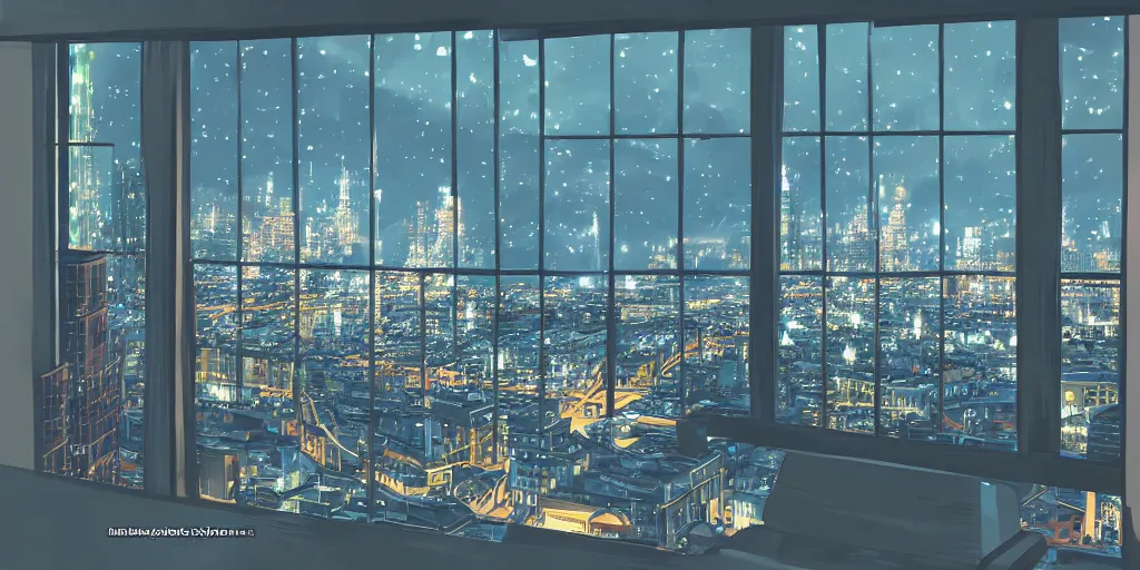 Image similar to night view of the city through a penthouse window, award - winning anime digital art