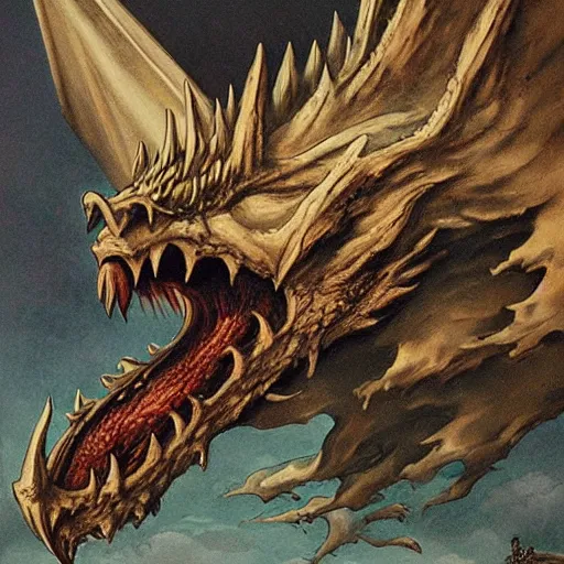 Prompt: the head of an evil white dragon attacking a village, by Ciruelo Cabral, detailed, realistic, masterpiece