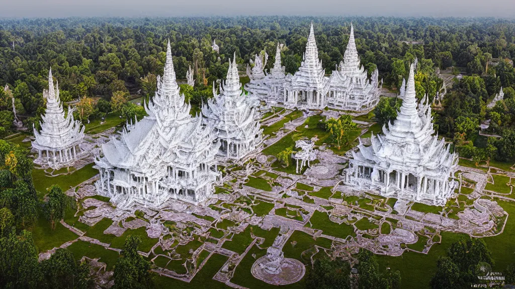 Prompt: a beautiful aerial view of the ancient godly temple of Wat Rong Khun, by dan mumford and Ivan Aivazovsky