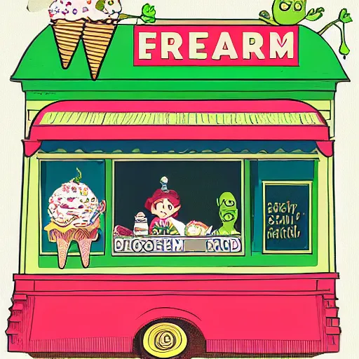 Image similar to an ice cream parlor in the style of \ frog and toad \ \