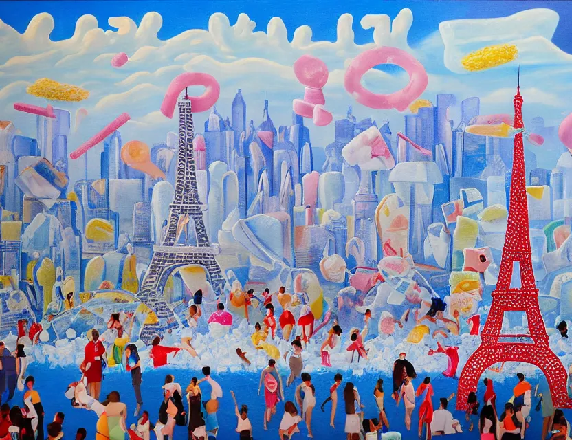 Prompt: a painting of ice sculptures made of icecream in the shape of the skyline of paris with eiffel tower on a very sunny summer day, very hot and the ice is melting fast and people are swimming in the icecream in the style of james jean and fernando botero