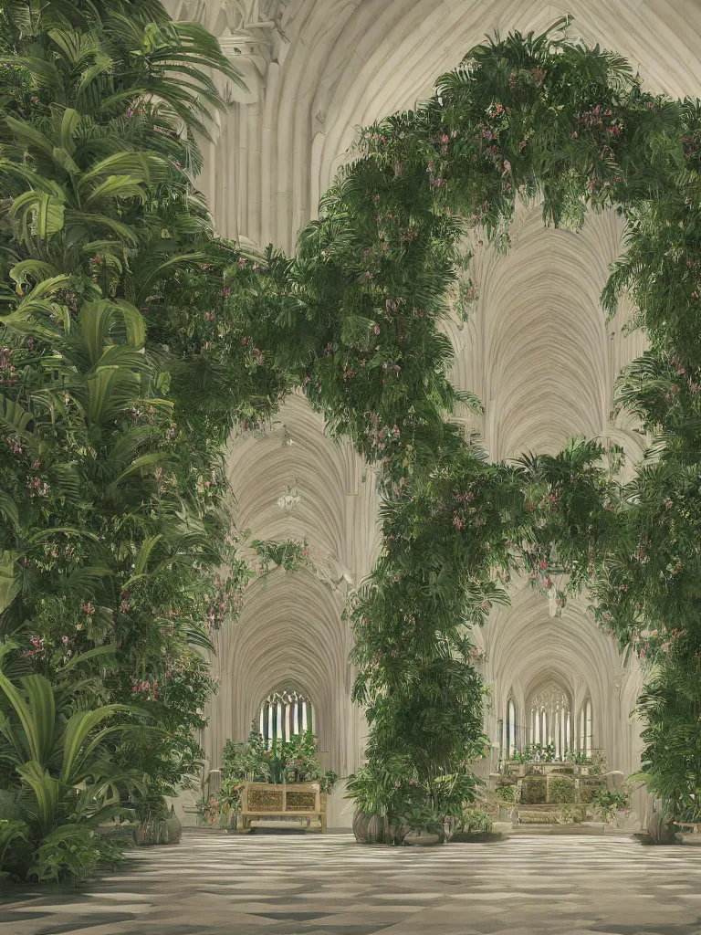 Prompt: grand cathedral interior with koi pond in the middle surrounded by palm trees, ivy, flowers, tropical plants, roses, and with archways, rendered in octane render with photorealistic cinematic volumetric lighting, cinematic, symmetrical down vertical center