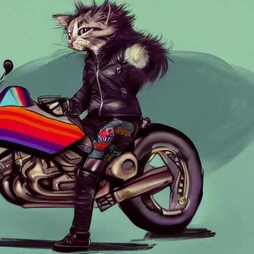 Image similar to wide angle full body, jacket wearing fluffy cute rainbow kitten wearing a black leather motorcycle jacket, riding on a motorcycle, cinematic concept art