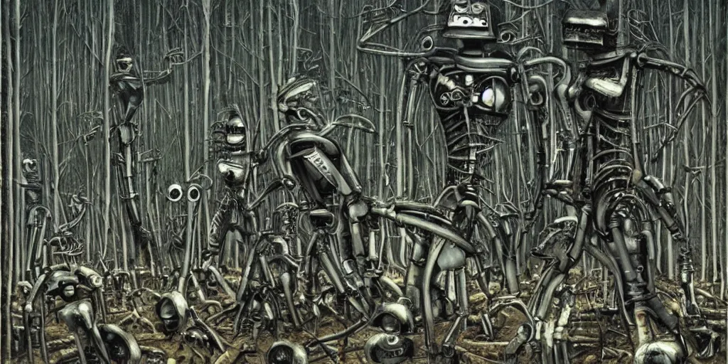 Prompt: 1000000 robots fighting in forest H.R. Giger