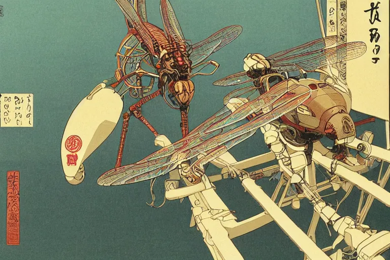 Image similar to gigantic dragonflies with human faces catch tiny robots, a lot of exotic mechas robots around, human heads everywhere, risograph by kawase hasui, dirtyrobot, edward hopper, satoshi kon and moebius, colorful flat surreal design, super - detailed, a lot of tiny details, fullshot