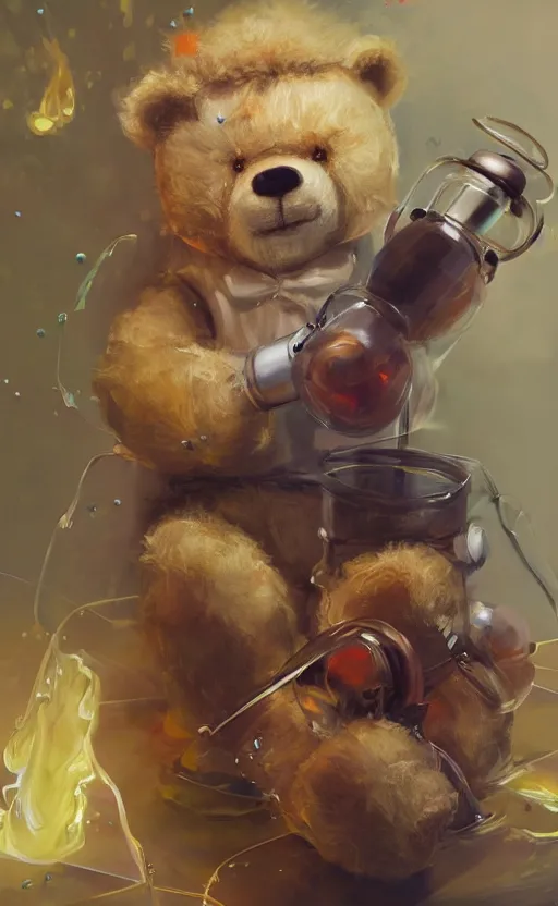 Prompt: a teddy bear mixing chemicals, mad scientist, oil painting, fantasy concept art, trending on art station, stunning visuals, creative, cinematic, ultra detailed