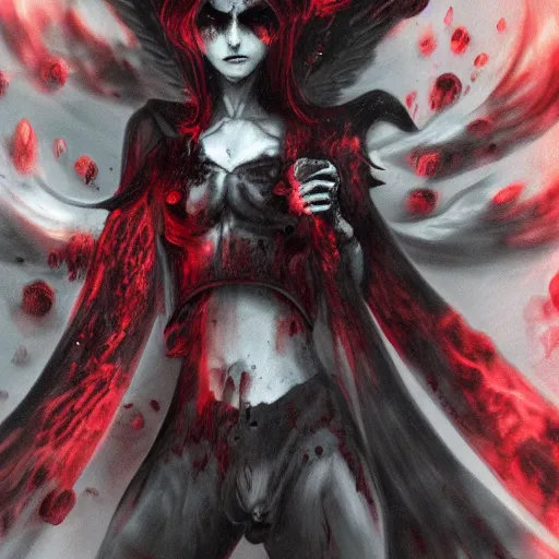 Image similar to super mad and with extrem anger lucifer in hell, oppressive and dark amotsphere with many shadows, blood and dark red highlights, dramatic horror concept art by aleksandra waliszewska and aoi ogata