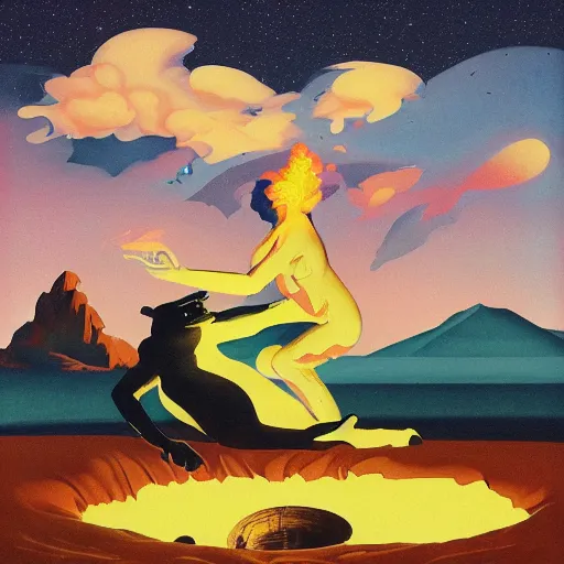 Image similar to isometric painting of a cow devouring a human, black mountains, dark atmosphere, decollage, fire, edward hopper, tristan eaton, victo ngai