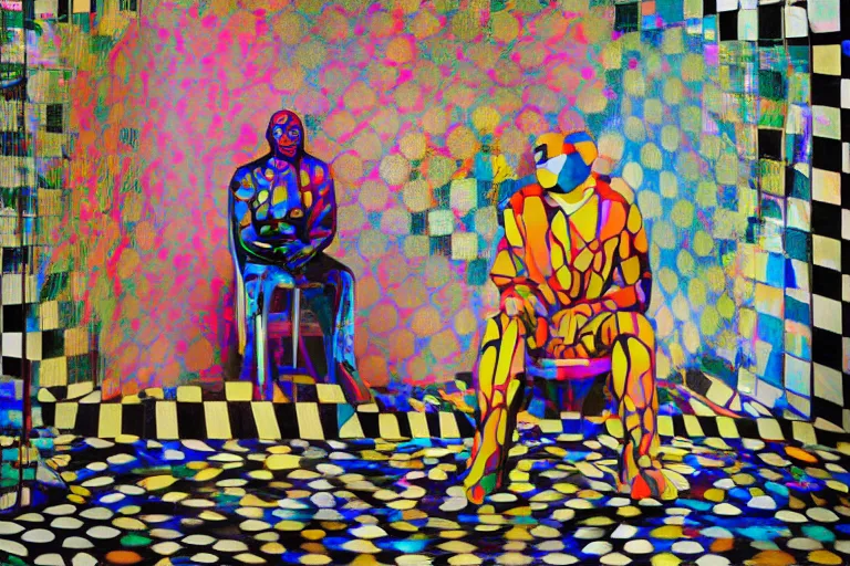 Image similar to portrait of a morphed mosaic painted harlequin sitting on a plastic garden chair looking into a screen doing makeup by james jean and luc tuymans and beeple and hernan bas and pat steir and hilma af klint, psychological, dripping paint, high quality render, masterpiece