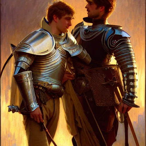 Image similar to attractive arthur pendragon and his attractive male knight, they are in love, natural lighting, path traced, highly detailed, high quality, digital painting, by gaston bussiere, craig mullins, alphonse mucha j. c. leyendecker