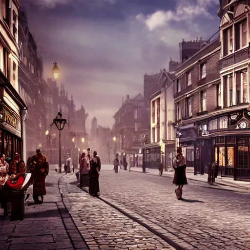 Image similar to 8 k hd detailed octane render of a bustling city street in victorian london