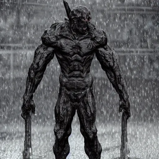 Prompt: demonic figure standing in the rain after big battle soldiers dead behind him dark award winning, trending on artstation, unreal engine