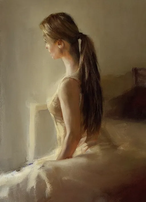 Prompt: beautiful portrait painting of a woman with a ponytail posing in an artistic pose over a bed, by jeremy mann, only one head single portrait