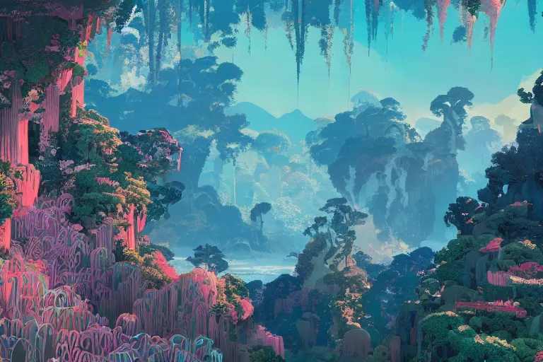 Prompt: Intricately beautiful Landscape from the Movie Avatar, artstation winner by Victo Ngai, Kilian Eng and by Jake Parker, vibrant colors, winning-award masterpiece, fantastically gaudy, aesthetic octane render, 8K HD Resolution