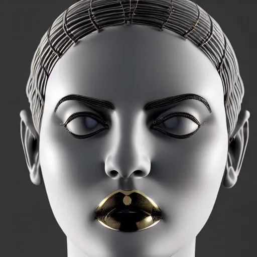 Image similar to smooth white marble statue face of gorgeous woman, black onyx details, black and gold wires, hyper realistic render, super detailed, photo quality, octane render, corona render