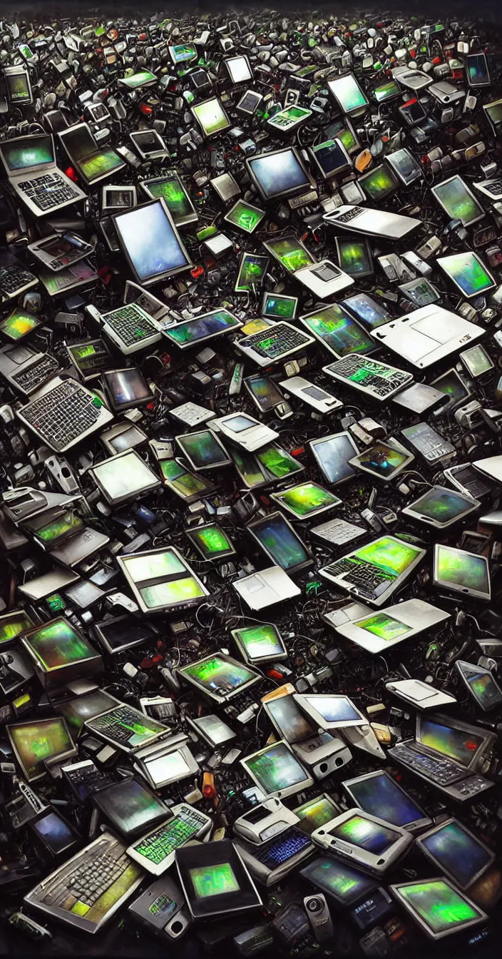 Image similar to realistic photo of piles of electronic waste of computers, mobiles and other items, very sharp focus, very hyper realistic, art of greg rutsowski, highly detailed, fantasy art station