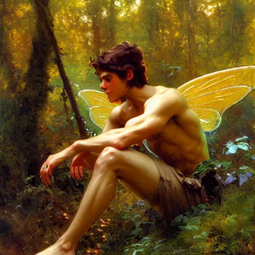 Image similar to attractive male fairy with wings in the forest, posing. highly detailed painting by gaston bussiere, craig mullins, j. c. leyendecker, 8 k