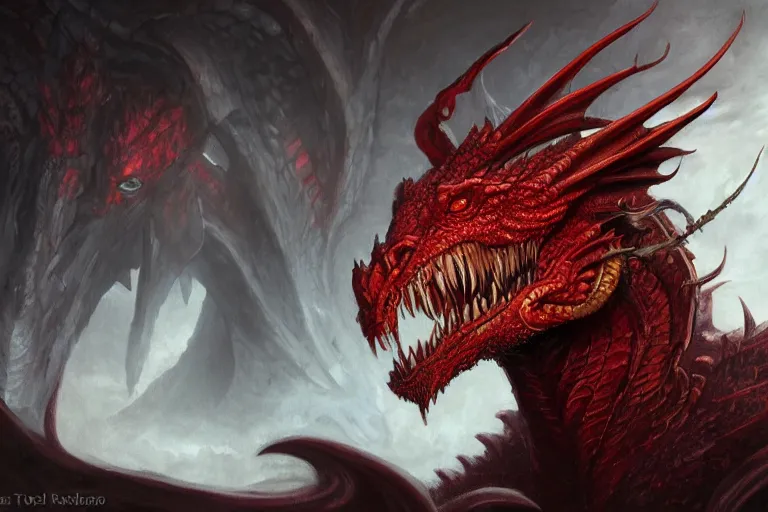 Prompt: An awesome portrait painting of a red dragon, by todd lockwood, Wizards of the Coast, Magic The Gathering, Blizzard, Games Workshop, Greg Rutkowski, Craig Mullins, WETA, Elder Scrolls.