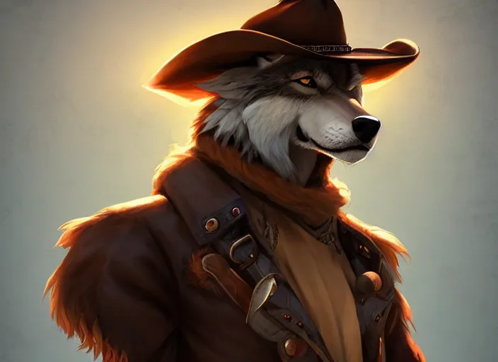 Image similar to character portrait icon of the anthro male anthropomorphic wolf fursona wearing cowboy outfit wild west desperado character design stylized by charlie bowater, ross tran, artgerm, and makoto shinkai, detailed, soft lighting, rendered in octane
