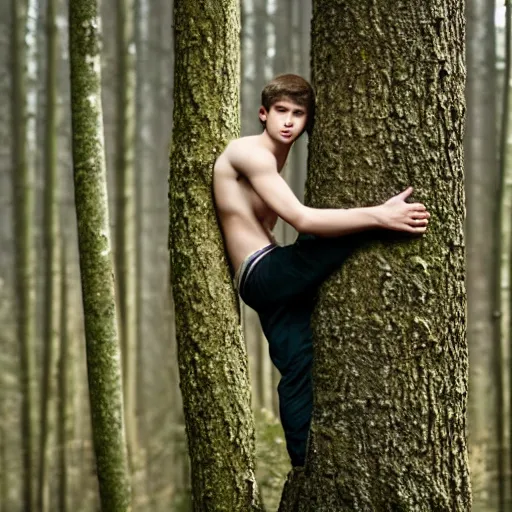 Prompt: a teenage boy, around 1 9 yo. necklace. natural brown hair. loincloth, pale skin. detailed face. ominous and eerie looking forest in background. natural colors. hyperrealistic photo.