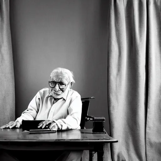 Image similar to Portrait of a very old grandpa sitting at a very old desk, with very old curtains in the room. The desk has a very old phone on it. Dusty air. Interview.