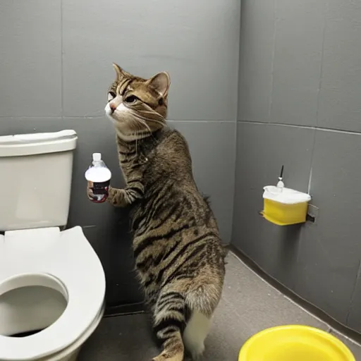 Prompt: photo of crazy cat woman at psych ward drinking water out of a toilet