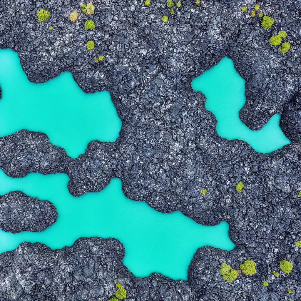 Image similar to birds eye view hexagonal basalt, bright blue pools of water with swirling seafoam, patches of green fields, black volcanic rock, icy glaciers,