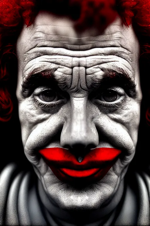 Image similar to DALL·E 2022-07-29 10.19.10 - dramatic portrait of ronald mcdonald by lee jeffries, synthwave digital art, best on artstation