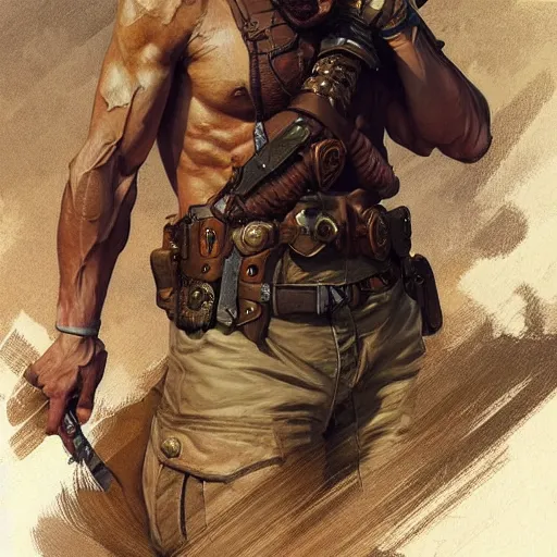 Image similar to Rugged ranger, male, man, D&D, muscular thighs, fantasy, intricate, elegant, highly detailed, digital painting, artstation, concept art, smooth, sharp focus, illustration, art by artgerm and greg rutkowski and alphonse mucha