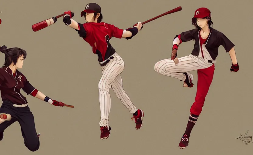 Image similar to anime style, female baseball player using bat, red sport clothing, strike pose, launching a straight ball, brown short hair, hair down, symmetrical facial features, from arknights, hyper realistic, rule of thirds, extreme detail, 4 k drawing, safebooru, realistic lighting, by alphonse mucha, greg rutkowski, sharp focus, backlit