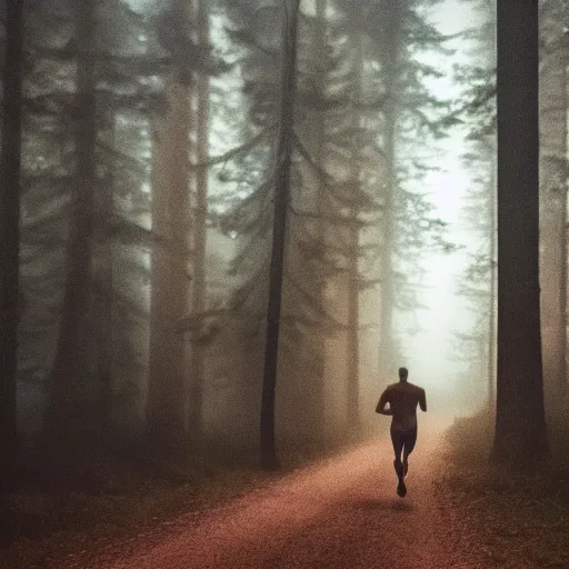 Image similar to a smudged, scratched, grainy and blurry photograph showing the whole body of a young tall man dynamically and frenetically running from danger in the dark forest. in the foggy woods, night time, flash lights