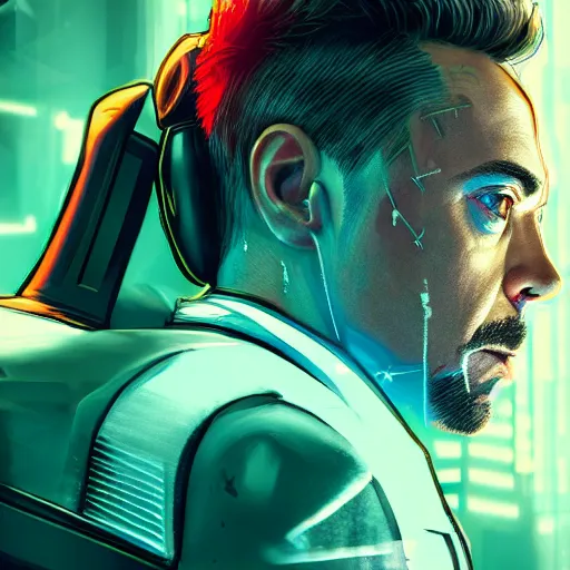 Image similar to robert downey jr portrait, Cyberpunk 2077, cyberpsycho, photorealistic, ultra detailed, neon, octane, bokeh, cyber, cyberpunk city, feature, scars, cyberface, 8k