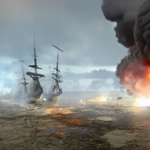 Prompt: real footage of Trafalgar battle, octane render, 3D render, extremely realistic, highly detailed, daylight, smoke,