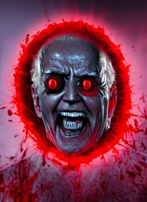 Image similar to hyper realistic ultra realistic horror terror dimensional photo furious glowing red eyes biden, high quality photo, detailed , 8k