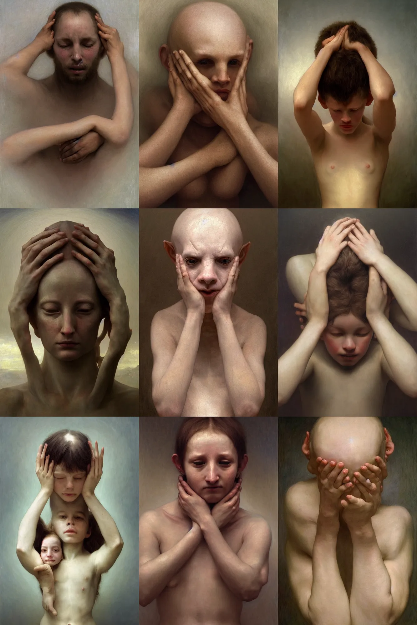 Prompt: photo of a alien creature holding his head with both hands and multiple arms coming out his body by Alyssa Monks, Bouguereau. Full body shot; hyper realism dramatic lighting, high detail 4K