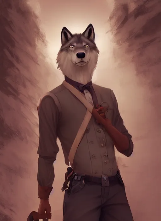 Image similar to beautiful portrait commission of a male furry anthro timber wolf old-timey Sherriff wearing white dress shirt with suspenders in an old-timey desert town. Atmospheric. Character design by charlie bowater, ross tran, artgerm, and makoto shinkai, detailed, inked, western comic book art