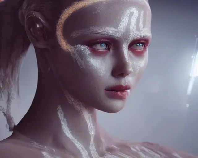 Prompt: a film still of a synthetic female human oracle wrapped in white cloth, beautiful, tribal facepaint, neotokyo, cinematic lighting, high resolution, 4 k